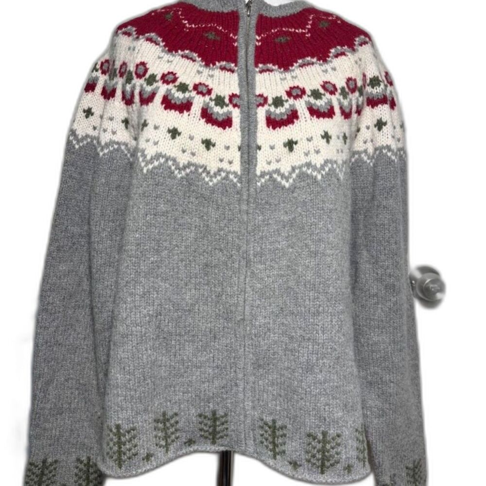 Nordic Design Zip Front Sweater Women's size large wool Holiday Christmas Gray